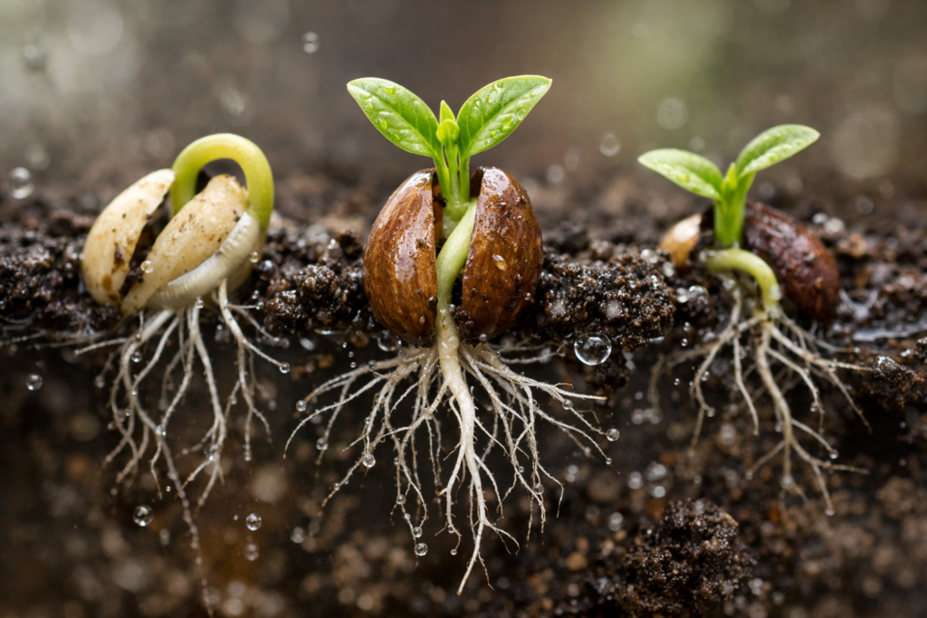 Three germinating seeds showing roots and small green leaves in soil